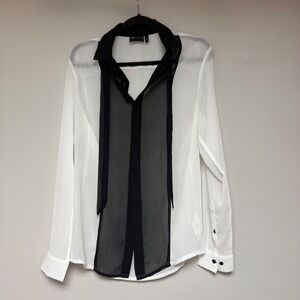 ASOS DESIGN Blouse Women 2XS White Black Excellent Sheer Tie Neck Colorblock